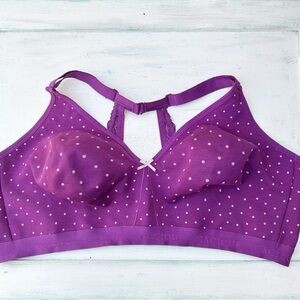 Cacique Cotton No-Wire Bra Lace Trim Purple Polka Dot Size 50DD